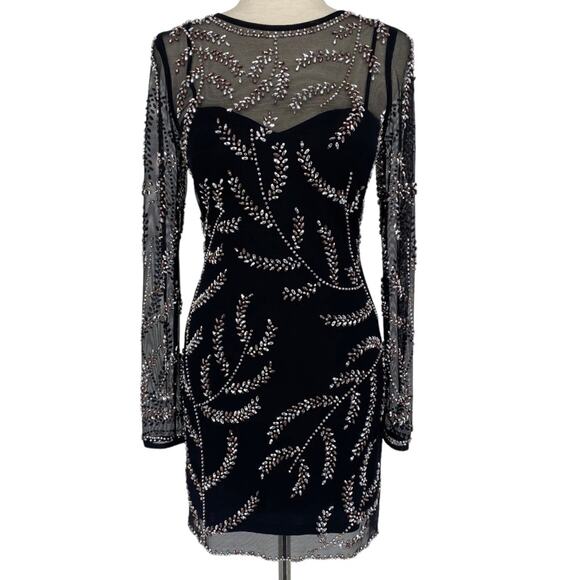 AQUA Floral Sequin Mesh Overlay Long Sleeve Mini Dress Size 2 Black - Picture 1 of 11